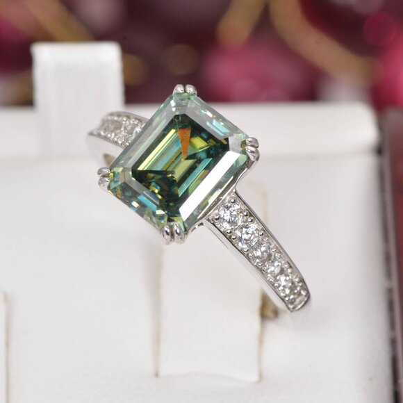 Certified 4ct Blue Green Emerald Cut Moissanite Engagement Ring 925 Sterling - Picture 9 of 10